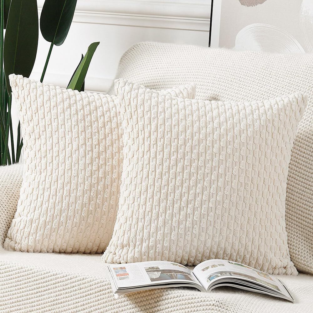 3980 Pack of 2 Boho Corduroy Striped Throw Pillow Covers 18x18 Inch Cream